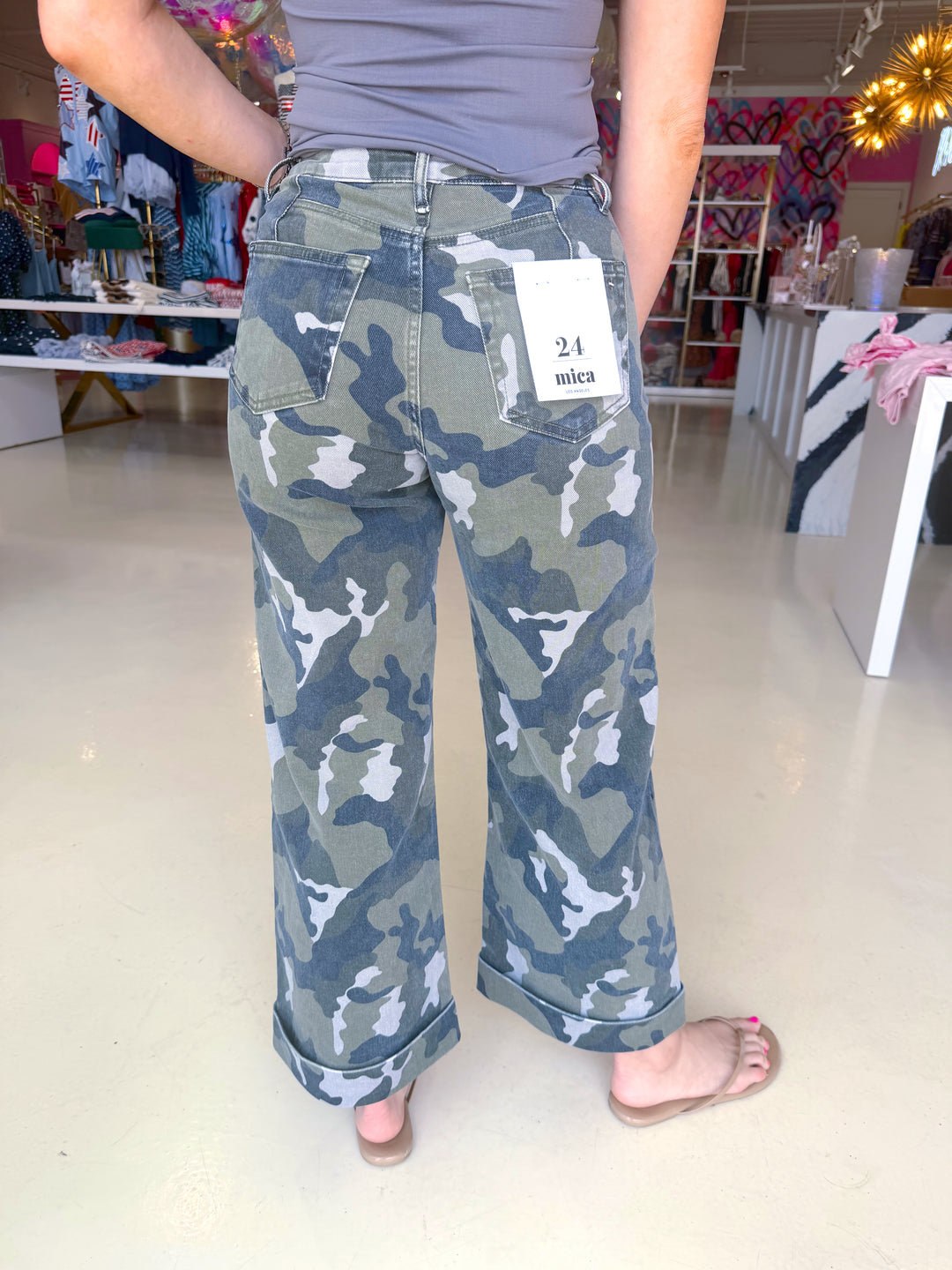 High Rise Wide Leg Crop Camo Jeans