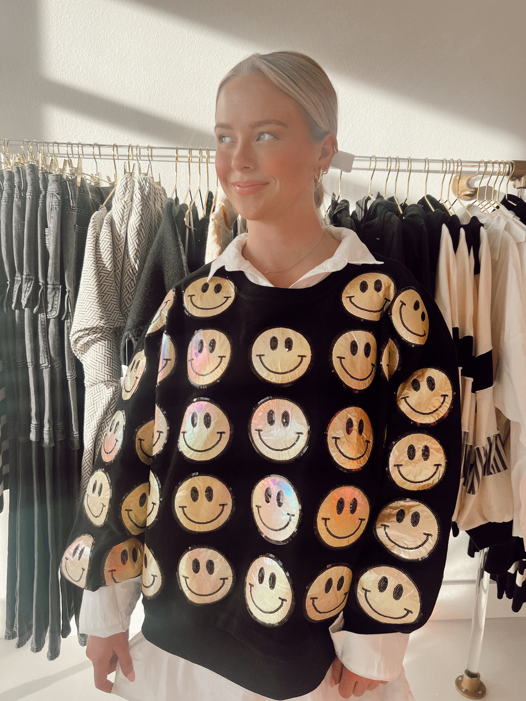 QOS Scattered Smiley Face Sweatshirt