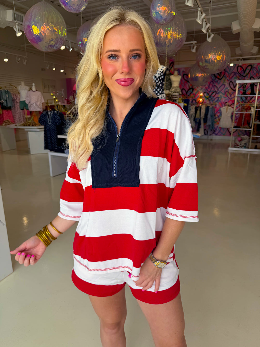 Striped Half Zip Shorts Sleeve Top and  Shorts Set