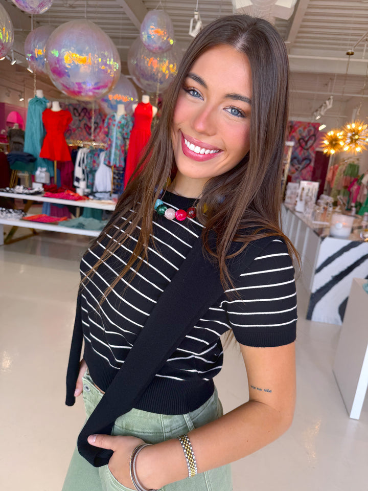 Black and White Striped Sweater Over The Shoulder Top