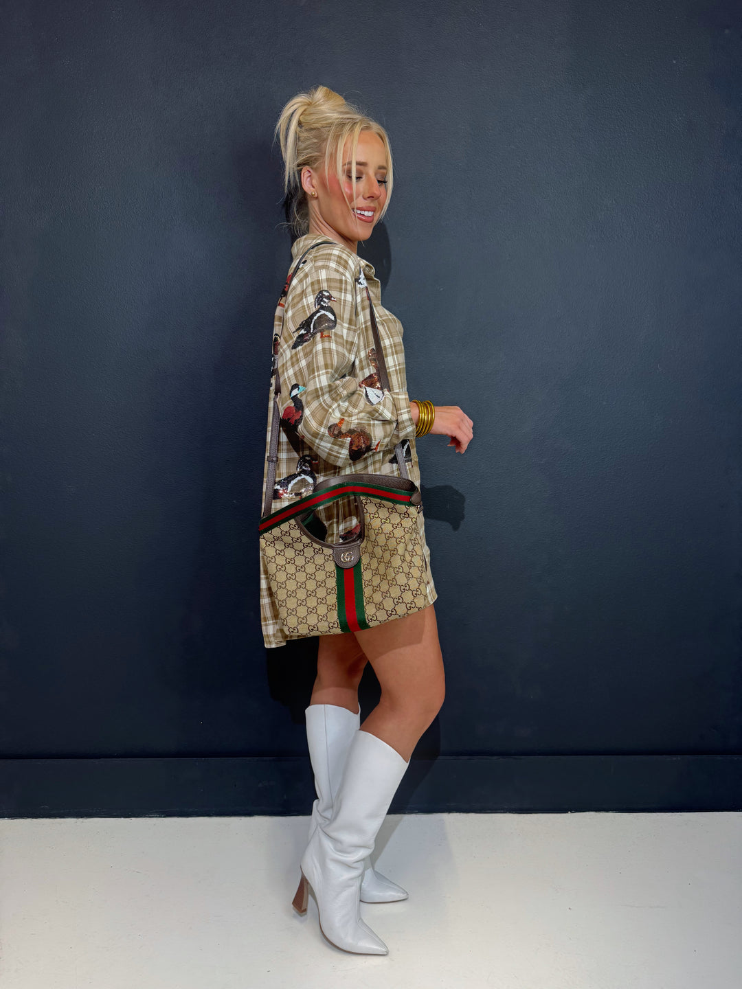 QOS Brown Plaid Duck Button Up Dress