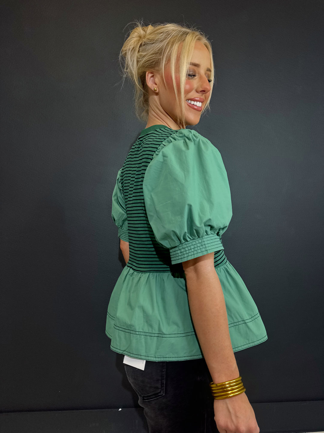Hello Fall Green Puff Top