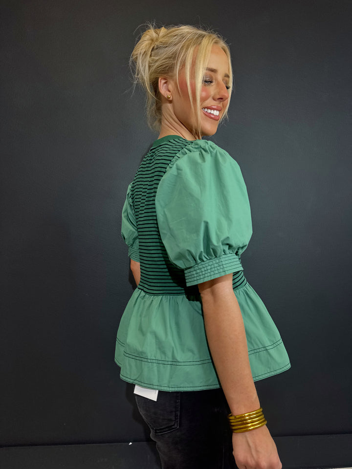Hello Fall Green Puff Top