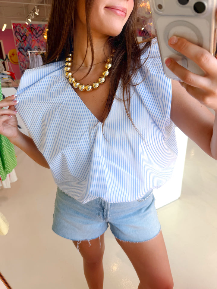 Blue & White Striped Vneck Poplin Bubble Top