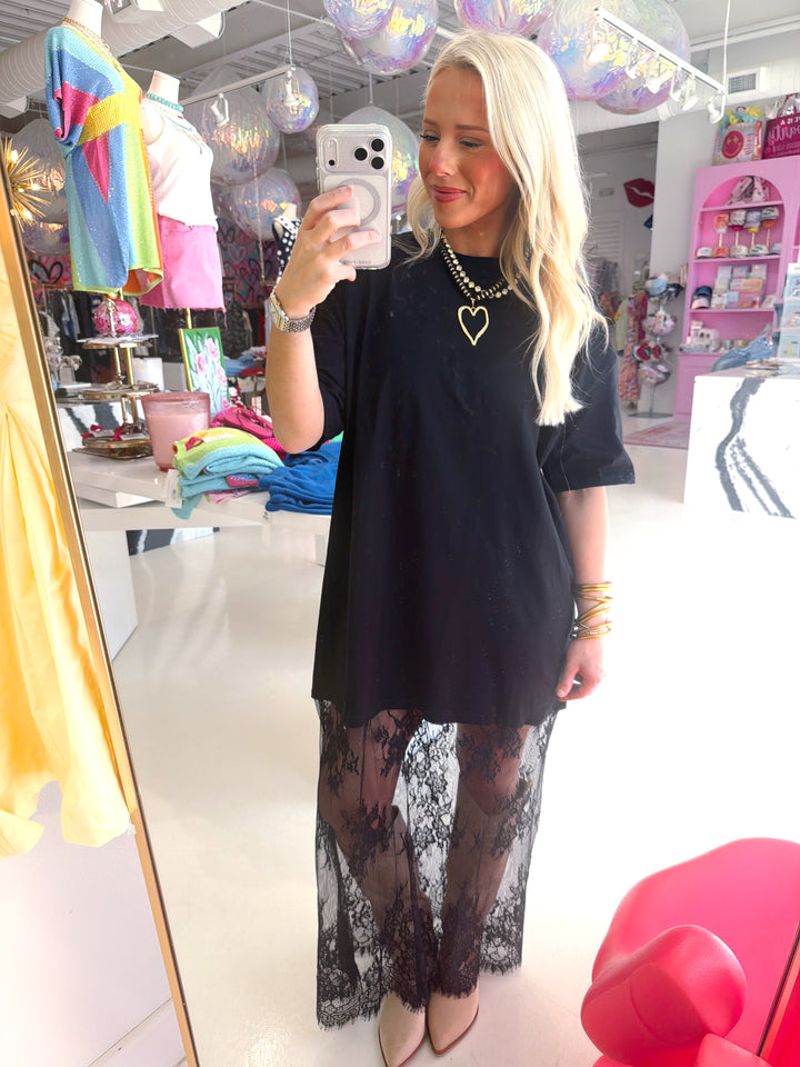Mixed Media T-shirt Dress with Sheer Lace Skirt