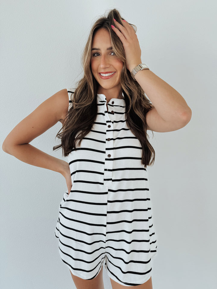 Ivory|Black Stripe Sleeveless Button Down Romper