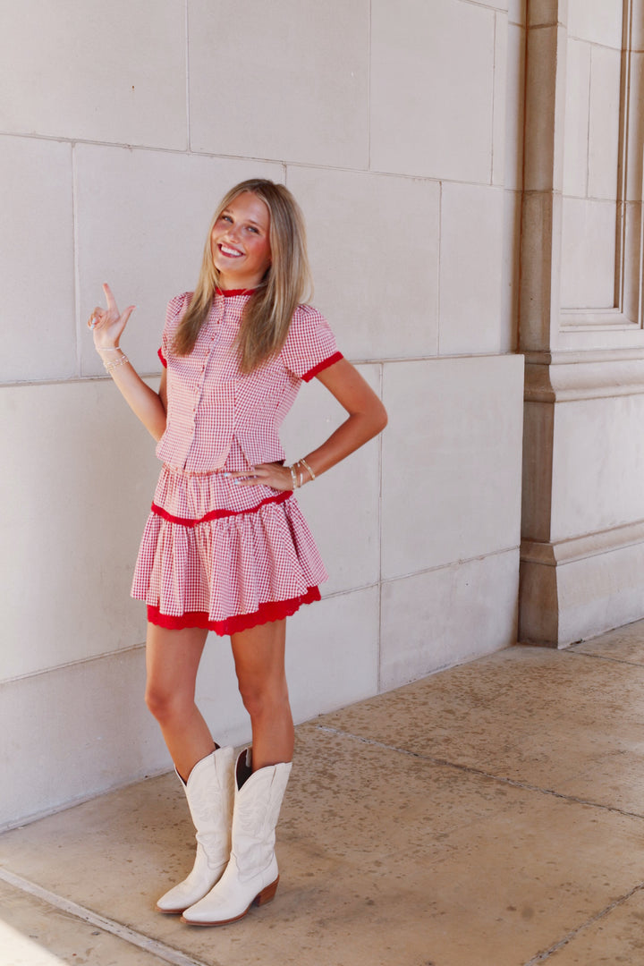 Red Gingham Plaid Lace Mini Blouse & Skirt Set