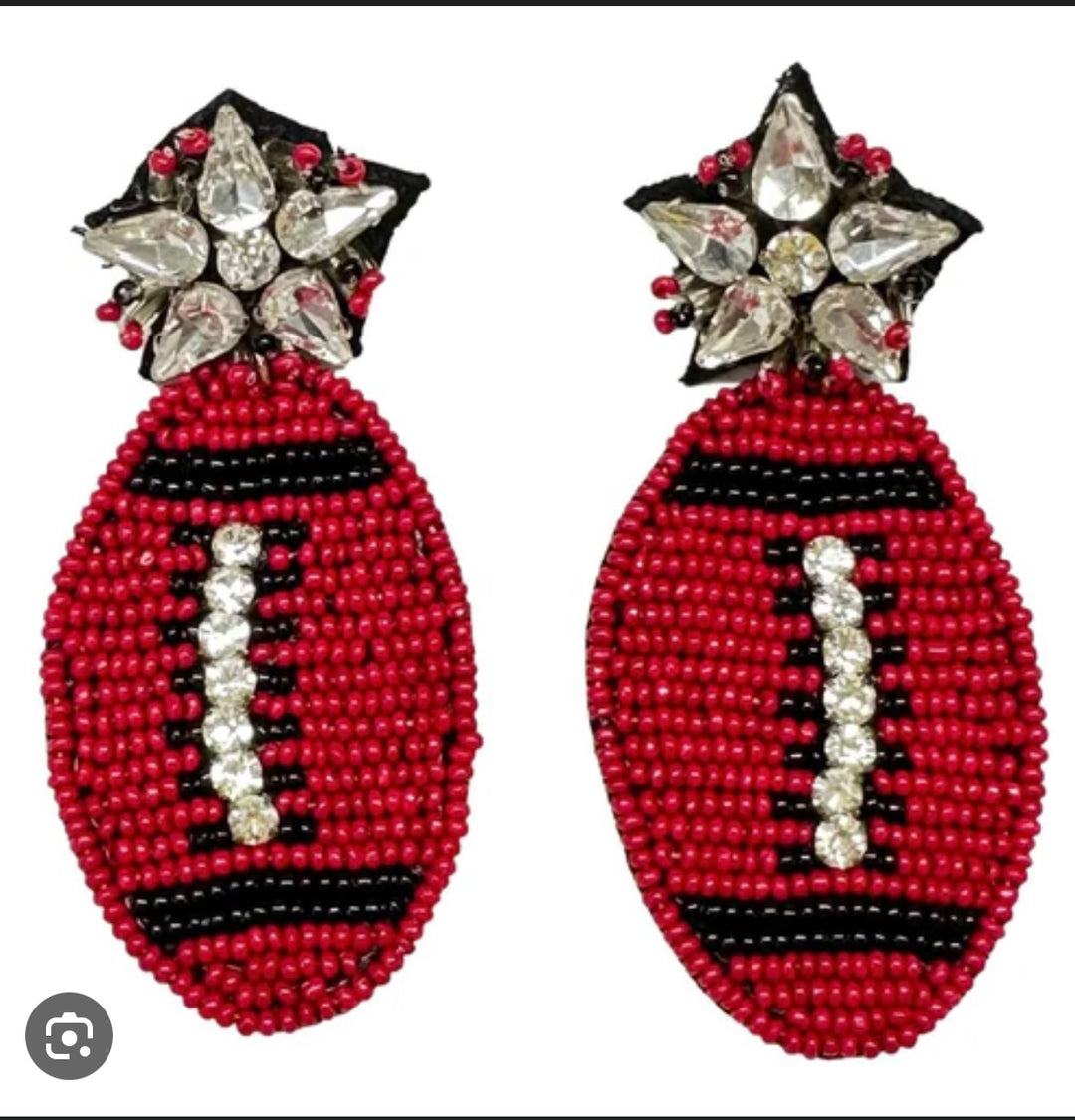 Red/Black/Silver Beaded Football Earrings