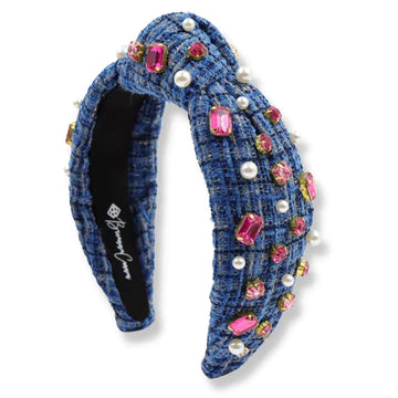 Blue Tweed Headband with Hot Pink Crystals & Pearls