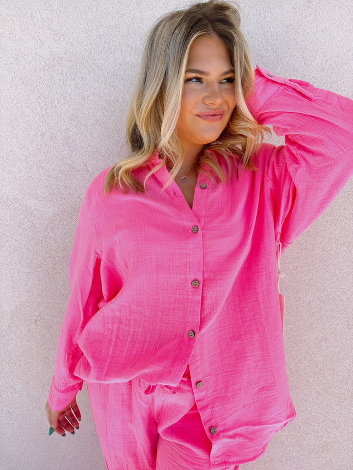 Hot Pink Gauze Button Down Top