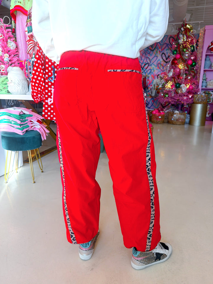 Cheetah Side Striped Red Windbreaker Pants