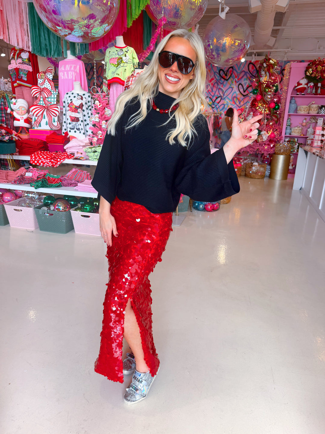 Shimmer & Shine Red Sequin Midi Skirt