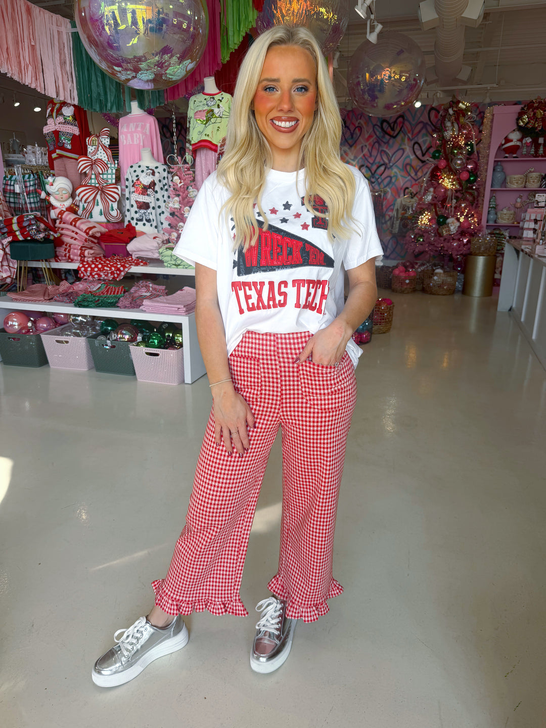 Red Gingham Straight Leg Ruffle Pant