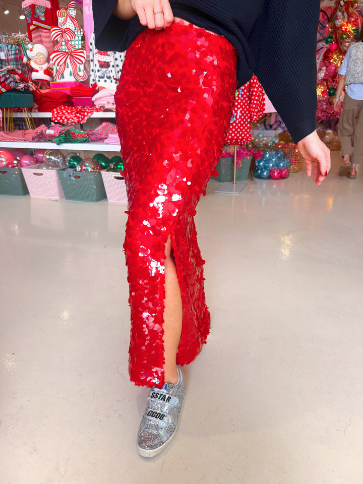 Shimmer & Shine Red Sequin Midi Skirt