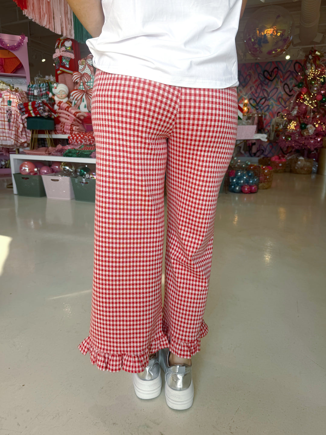 Red Gingham Straight Leg Ruffle Pant