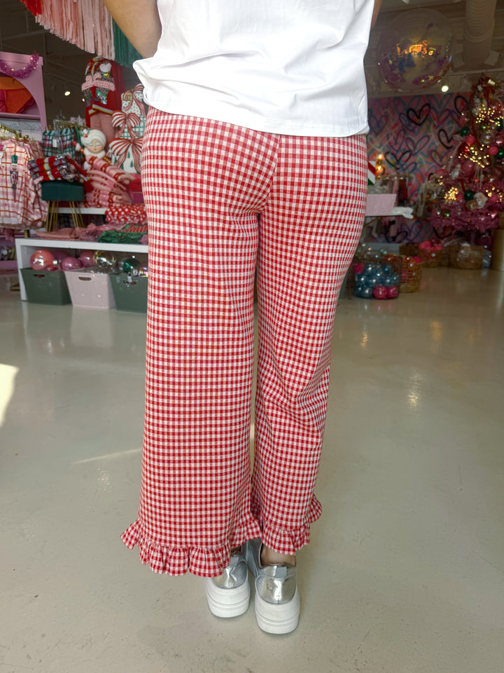 Red Gingham Straight Leg Ruffle Pant