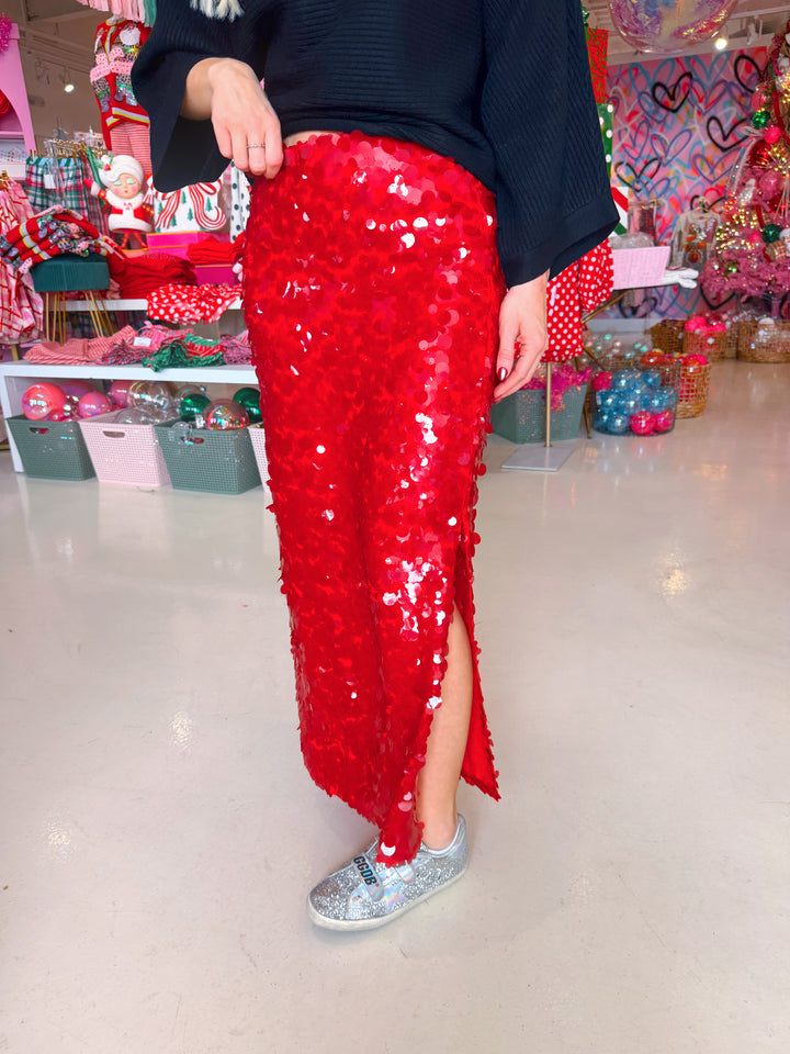 Shimmer & Shine Red Sequin Midi Skirt
