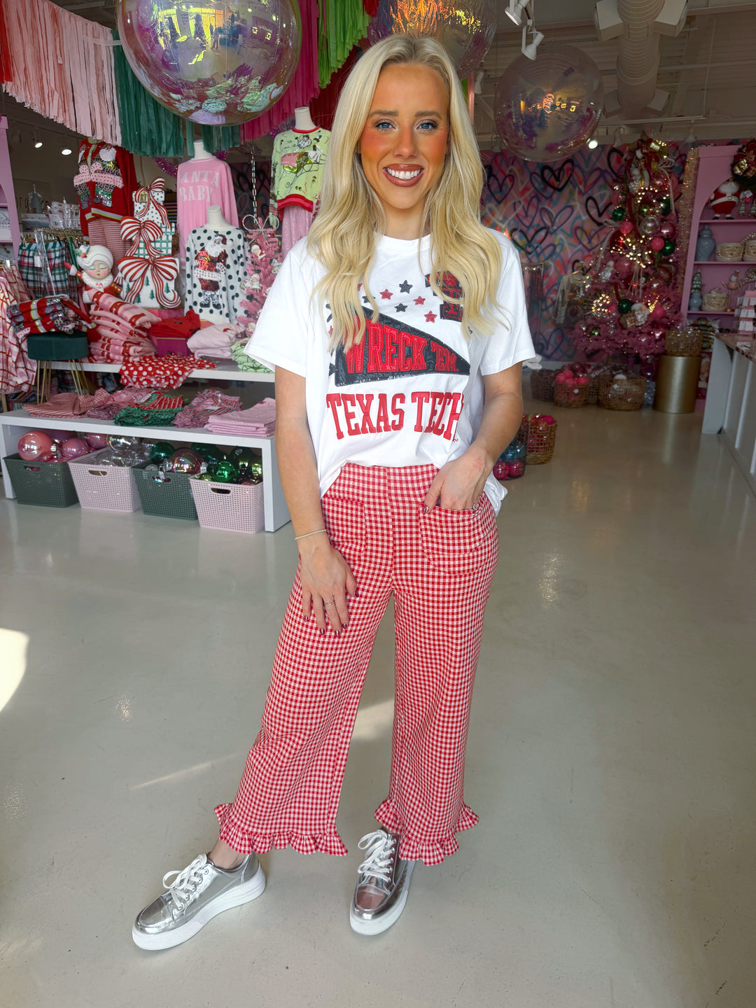 Red Gingham Straight Leg Ruffle Pant