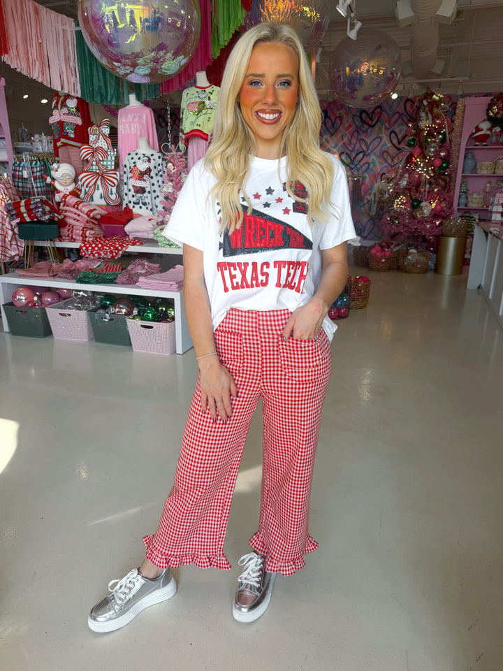 Red Gingham Straight Leg Ruffle Pant