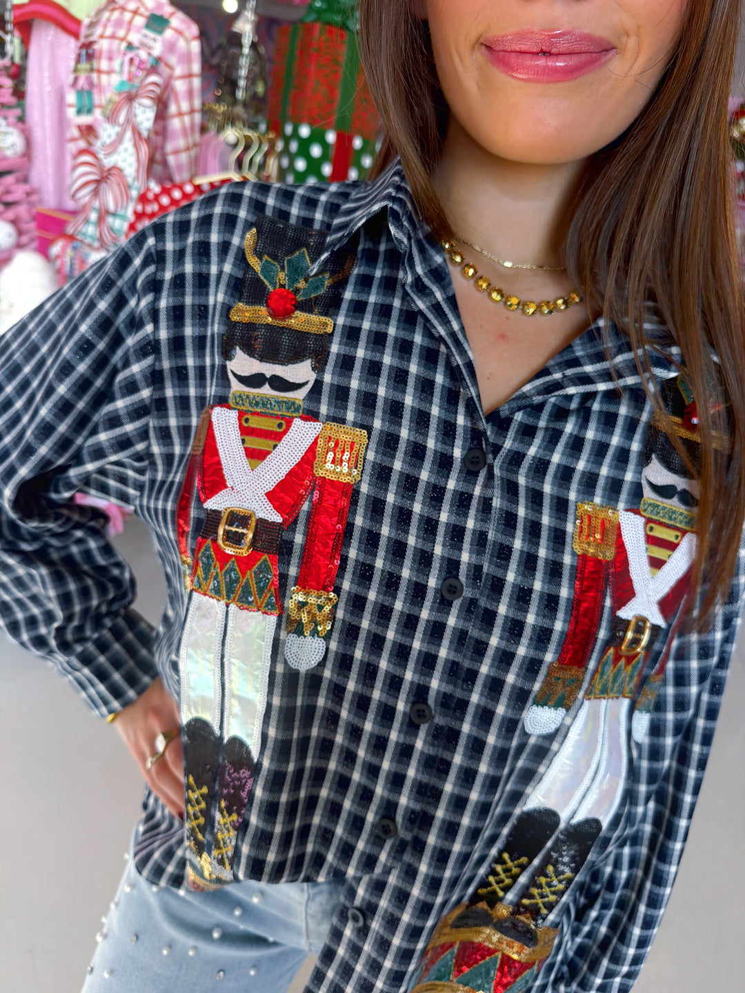 Queen of Sparkles Black & White Plaid Nutcracker Button Up Top