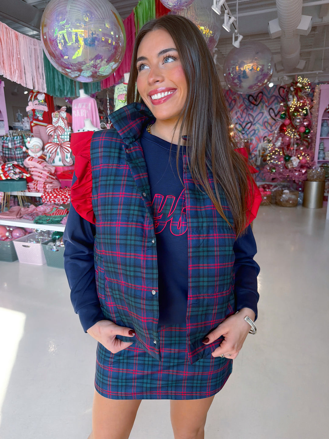 Navy Christmas Plaid Puffer Vest