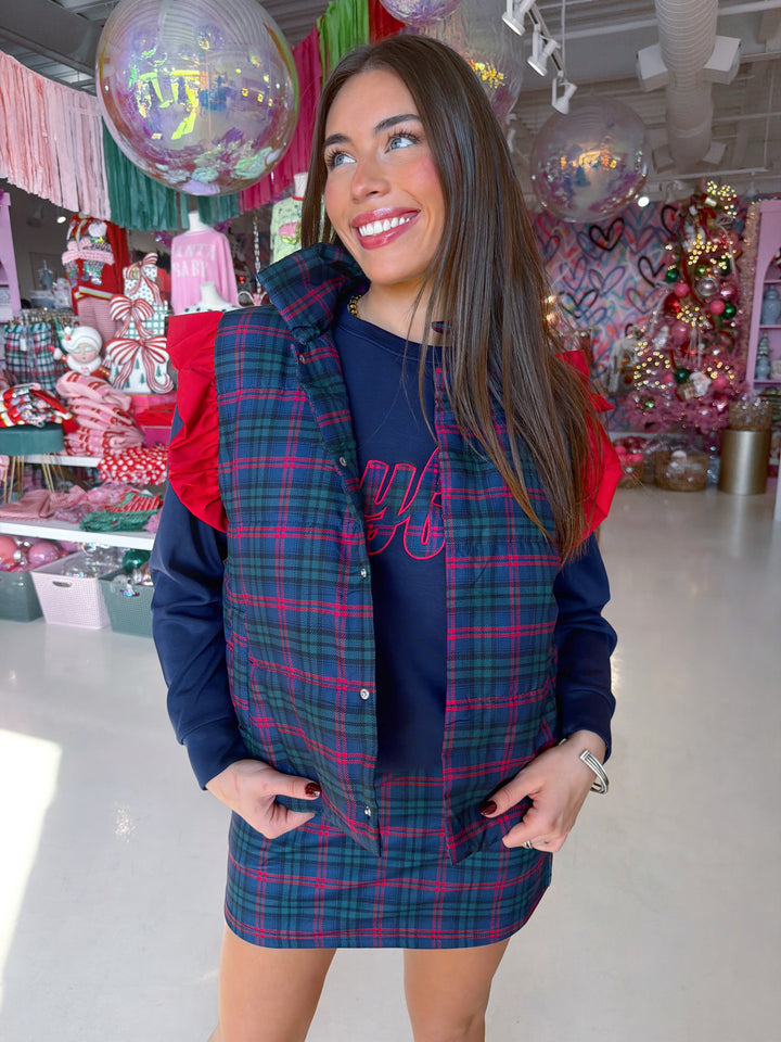 Navy Christmas Plaid Puffer Vest