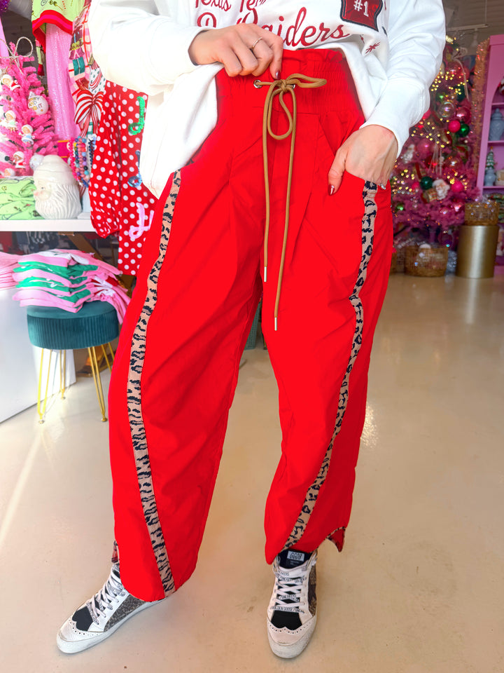 Cheetah Side Striped Red Windbreaker Pants
