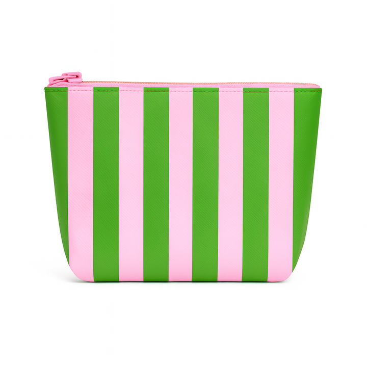 Cute pouch + cosmetic bag | leather pink & green stripe
