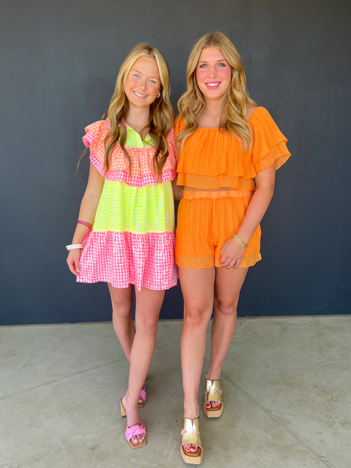 Orange Pleated Shorts