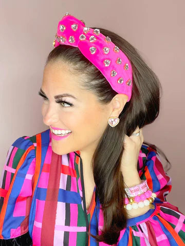 Hot Pink Velvet Headband with Light Pink Crystal Hearts