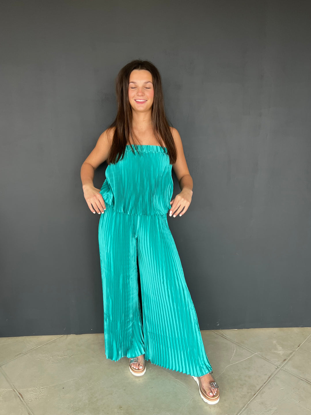 Turquoise Pleated Tube Jumpsuit