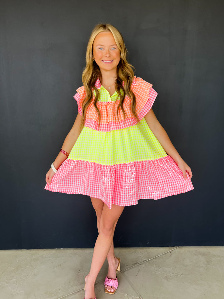 Neon Checkered Ruffle Dress