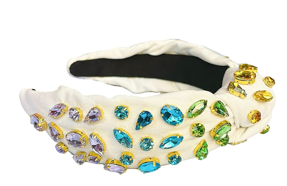 Large Size Ivory Headband W/Rainbow Crystals