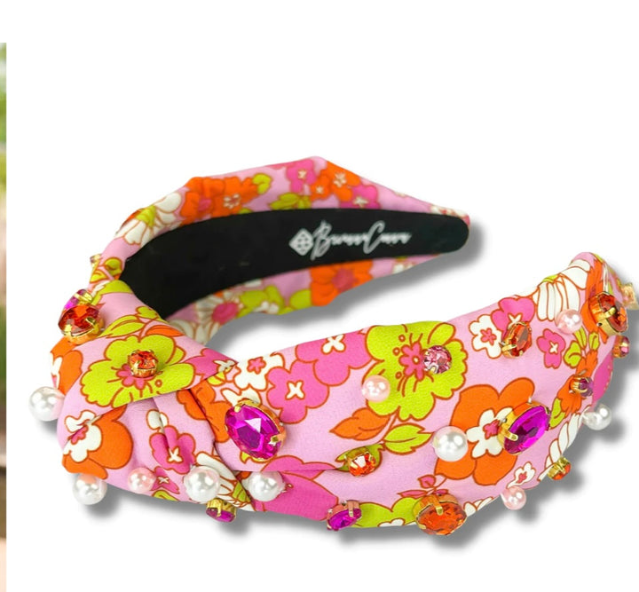 Pink/Orange Retro Floral Headband W/Crystals & Beads