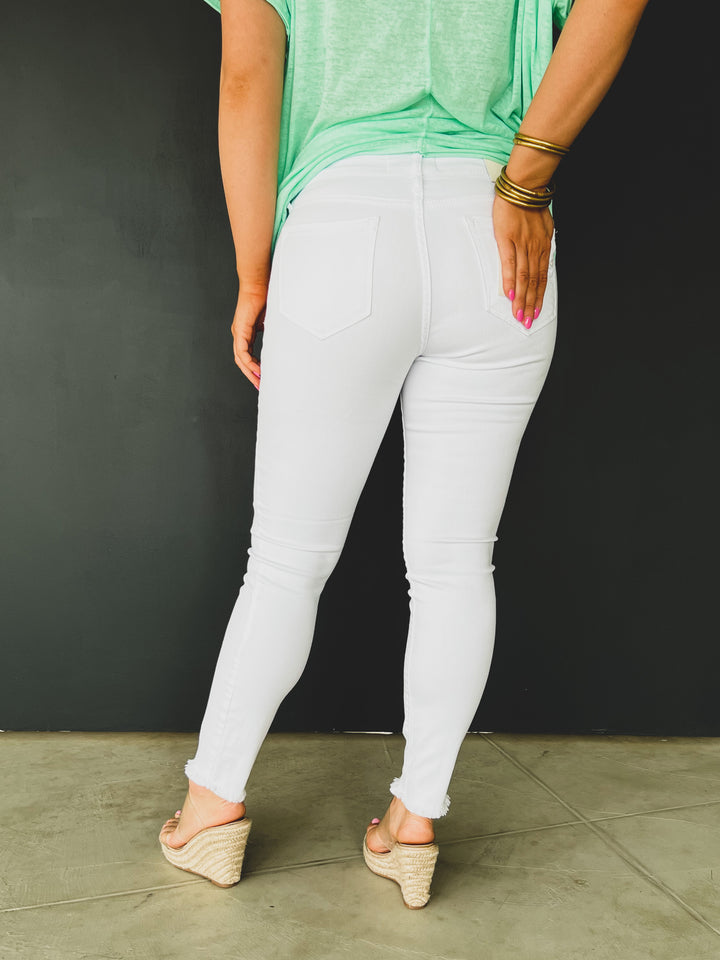White Amelia Mid Rise Skinny W/Frayed Hem Jeans