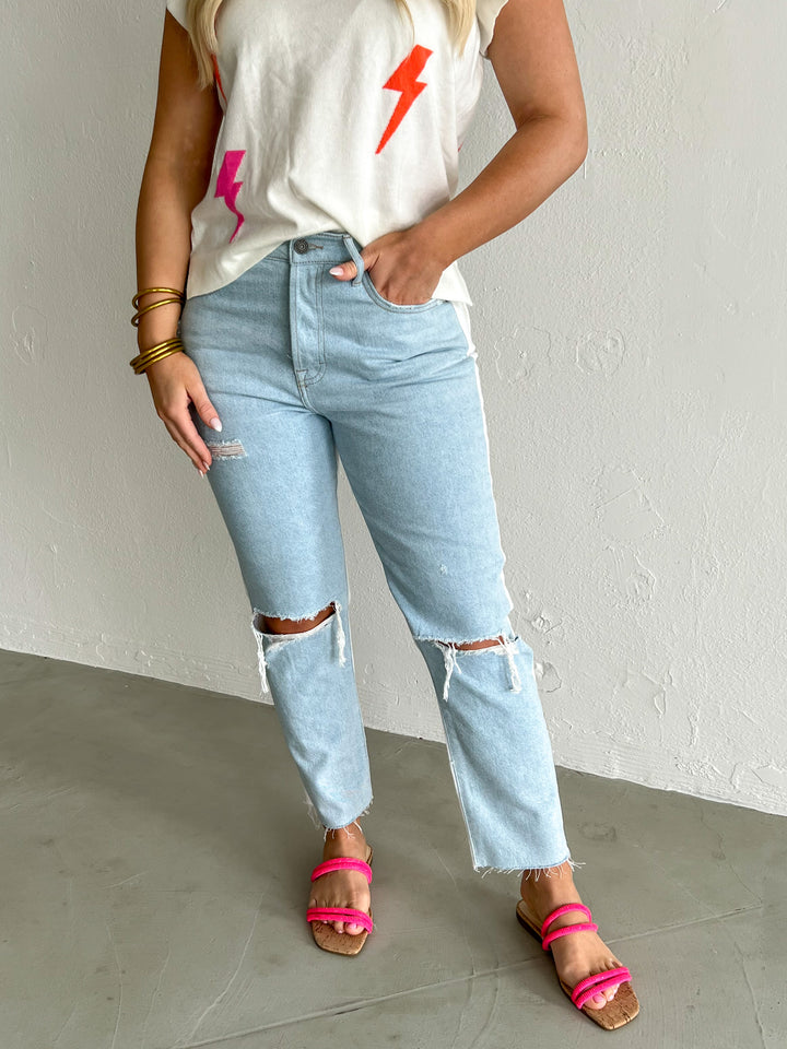 Tracey Light Blue and White High Rise 2 Tone Jeans